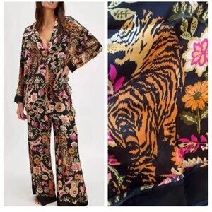 Free People Black Floral & Tiger Print Satin Pajama Bottoms